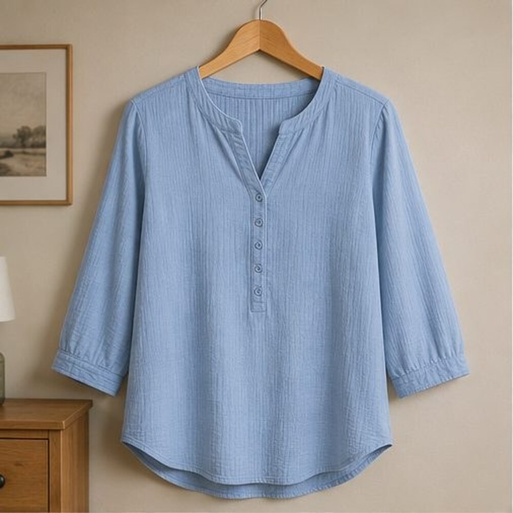 Powder Blue Henley Notch Neck Blouse